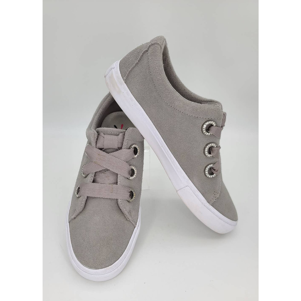 Isaac Mizrahi Lace-Up Suede Sneakers "Louise" Rhinestone Eyelets Women's 7M Gray